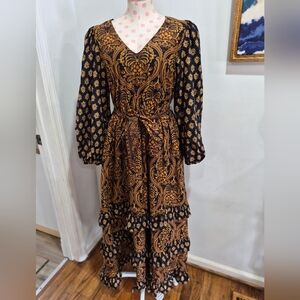 A Loves A Damask Voile VNeck Long Bubble Sleeve Tie at Waist Tiered Ruffle SMALL